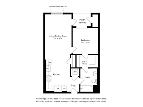 Floor plan for 1 bed, 1 bath, 712 sqft